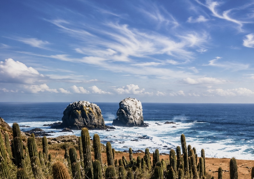 Morros de Punta de Lobos vistos entre cactus costeros